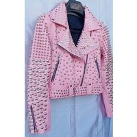Women Pink Studded Leather Rock Steam Punk Style Biker Jacket, Silver Studs Spiked Jacket | 495 | Etsy (US)