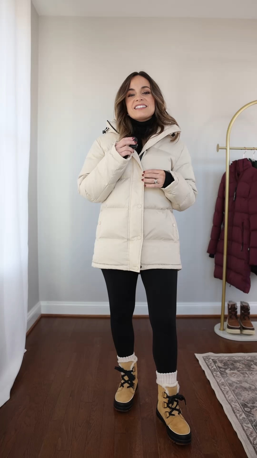Very similar to the Aritzia Super Puff coats but half the price (with $25 off today only). 

Coat: xs in oatmilk 
Leggings: xs short 
Boots: tts 

#LTKPetite #LTKSaleAlert