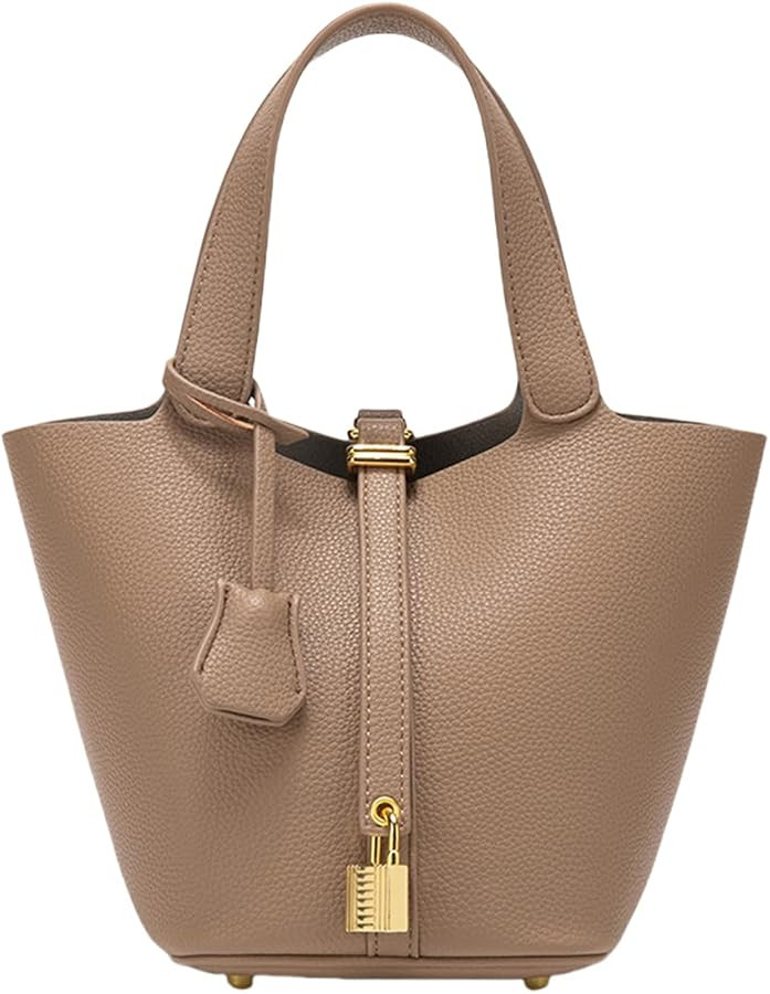 Genuine Leather Bucket Bag for Women, Large Capacity Soft Leather Tote Bag with Lock, Fashion Buc... | Amazon (US)