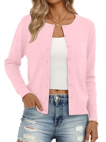 Trendy Queen Cardigan Sweaters for Women Lightweight Cropped Crew Neck Outfits Fall Fashion 2026 Spring Clothing Pink L | Amazon (US)
