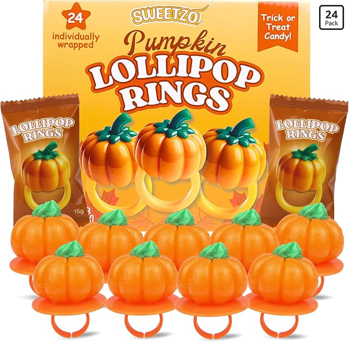 Pumpkin Lollipop Rings, Halloween Candy, Individually Wrapped, 24 Count | Amazon (US)