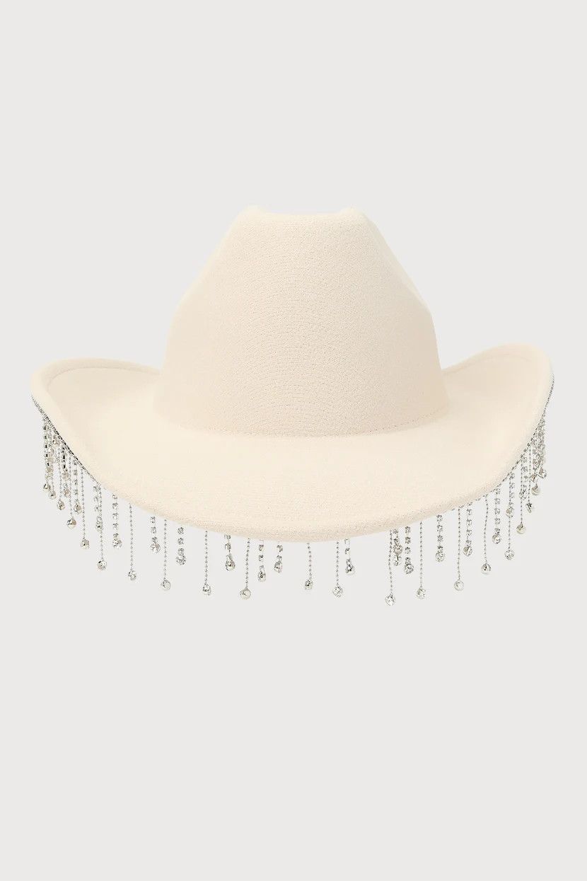 Rhinestone Rodeo Cream Chain Fringe Cowboy Hat Concert Outfit Spring Country Concert Outfit Summer | Lulus (US)