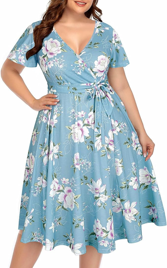 Plus Size Wrap V Neck Midi Casual Wedding Guest Short Flutter Sleeve Summer Dress | Amazon (US)
