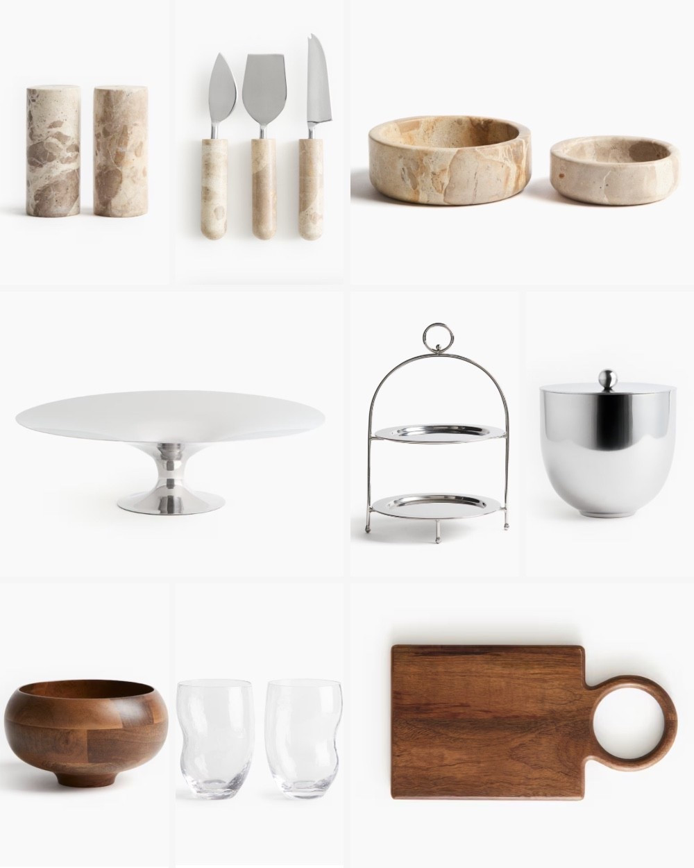 Serveware for hosting brunches, luncheons + dinners w a modern minimalist style. I selected neutral pieces made of marble, stainless steel, glass and wood. Everything shown above  is under $50.
