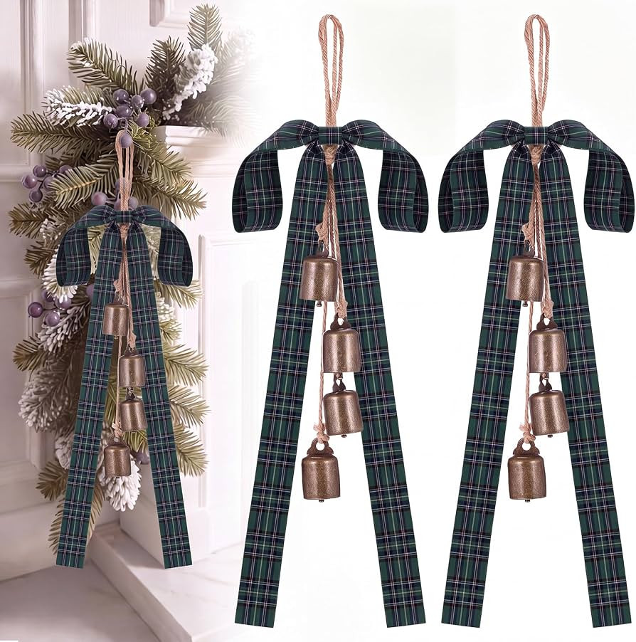 Thiccywoov 2set /4pcs Blue Green Christmas Bells with Tartan Plaid Bow | Amazon (US)
