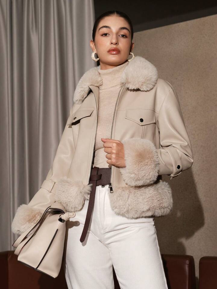 Anewsta Flap Detail Fuzzy Panel Zipper Up Jacket | SHEIN