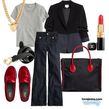 What to wear for a working lunch date. Keep the denim smart and dark with a pop of red. 

Parker Thatch - Denim with Red Leather Saddle Handle and Piping, red velvet penny loafer shoe, Dionne Mixed Media Blazer, Sailor denim trouser in Rinse wash -J Crew, Relaxed cashmere crew t shirt. Locked Heart Toggle Necklace. 


#LTKstyletip #LTKover40 #LTKworkwear