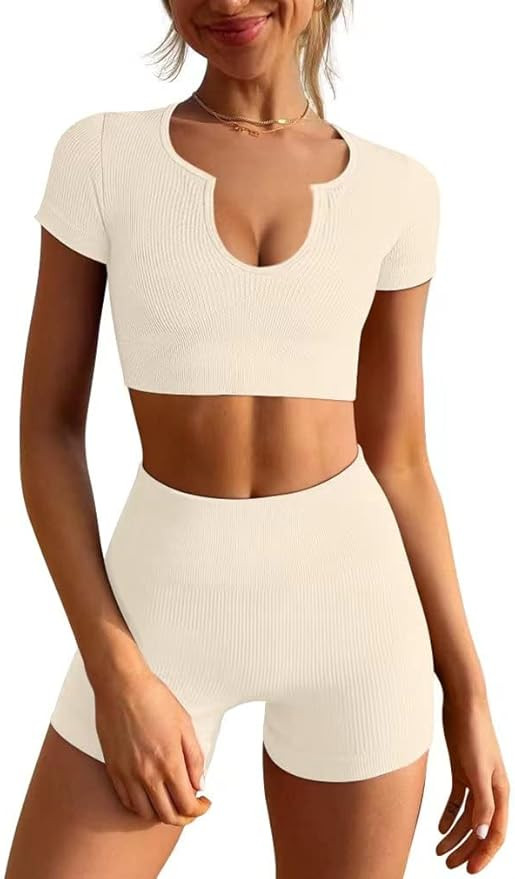 LNSK Women's Workout Outfits Seamless Ribbed Running Yoga Two Piece Crop Top Gym High Waist Sport... | Amazon (US)