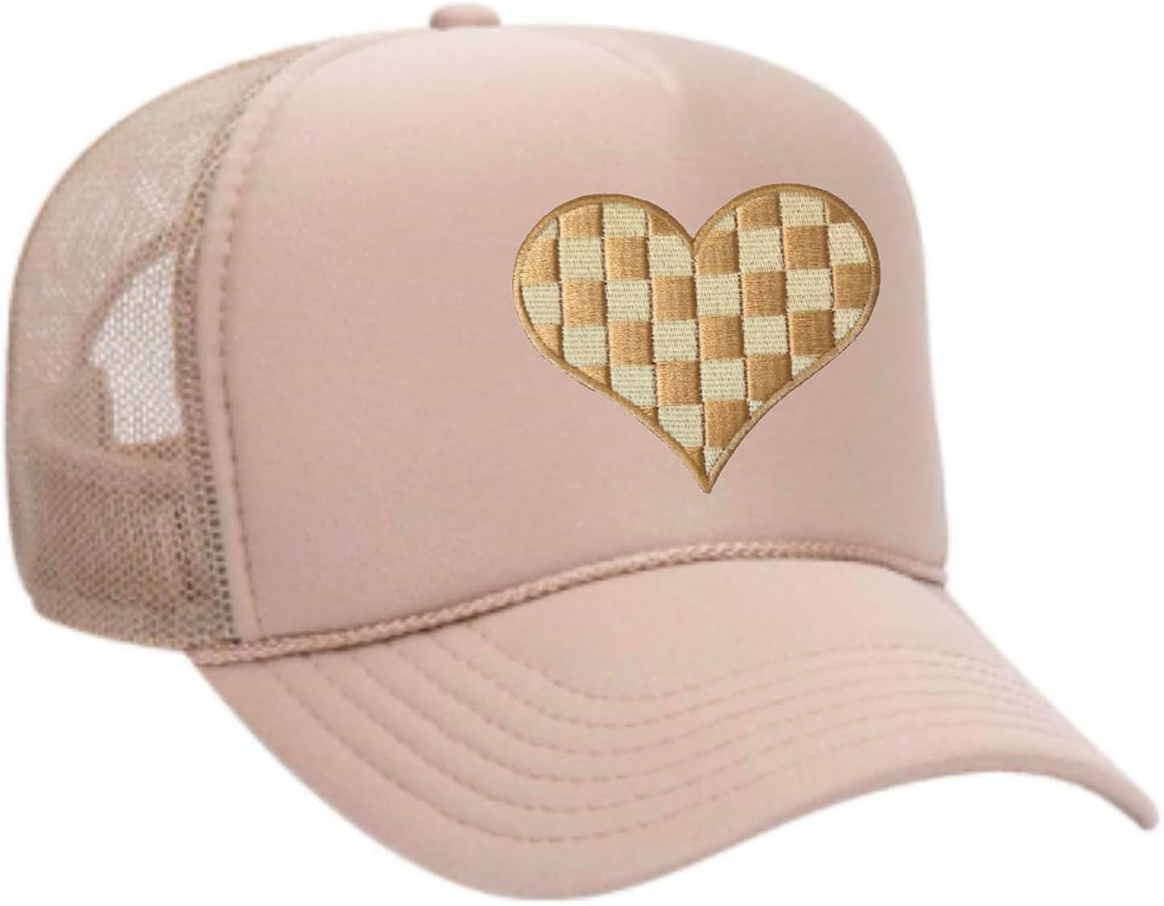 Checkered Heart Patch Trucker Hat - Tan/Cream | Amazon (US)