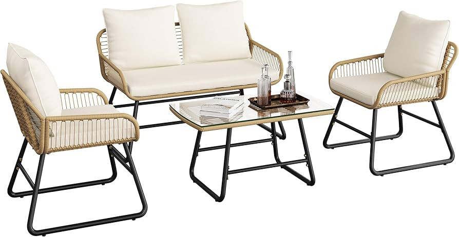 Yaheetech 4 Piece Patio Furniture Set, Outdoor Wicker Conversation Sets, Boho Loveseat & 2 Armcha... | Amazon (US)