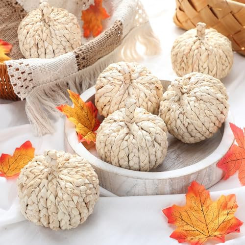 Colingmill 6 Pcs Fall Rattan Pumpkin Woven Cornpeel 4 Inch Braided Foam Decor Artificial Handmade Harvest Mini Halloween Autumn Thanksgiving Table Decor | Amazon (US)