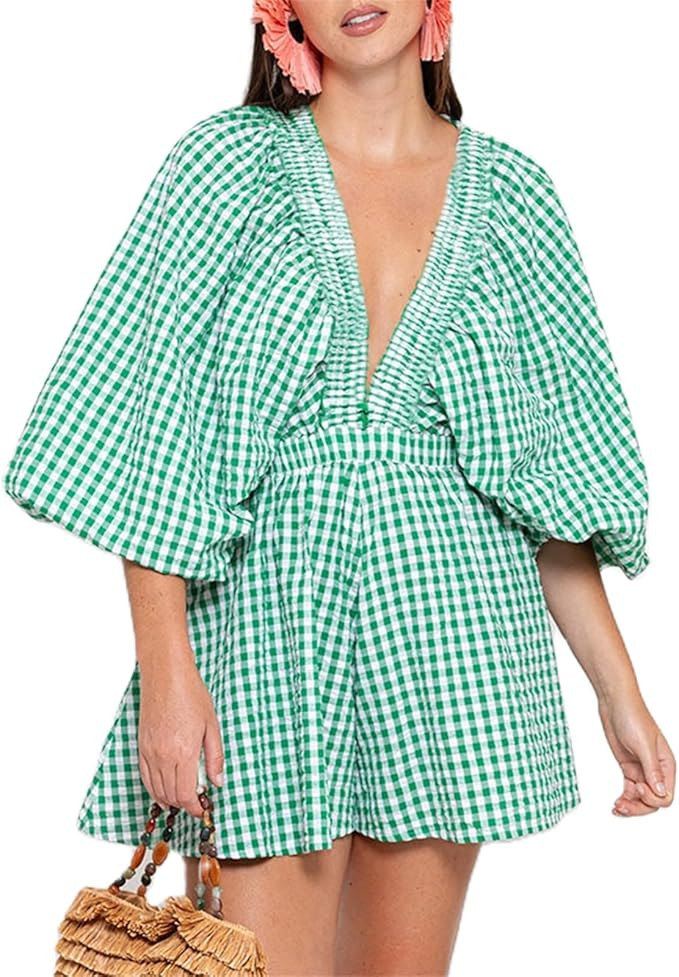 Women Shorts Jumpsuit Deep V Neck Puff Sleeve Floral Oversized Short Playsuit Summer Boho Overall... | Amazon (US)