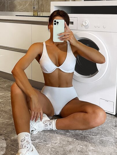 Plain Push Up V Neck Bikini Swimsuit | SHEIN