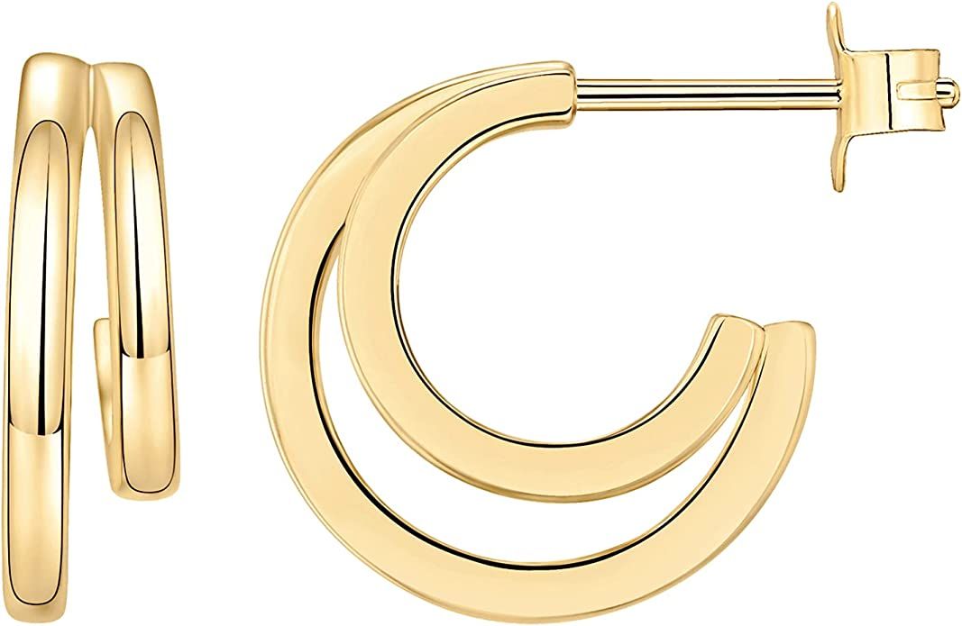 PAVOI 14K Gold Plated Sterling Silver Post Split Huggie Earrings | Rose/White/Yellow Gold Earring... | Amazon (US)