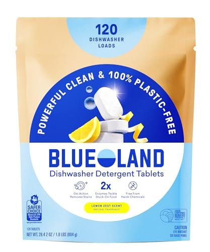 BLUELAND 100% Plastic-Free Dishwasher Detergent Tablets, 120 Count, Lemon Zest Scent, Eco Friendly Dishwashing Pods, Natural, USDA Certified biobased | Amazon (US)
