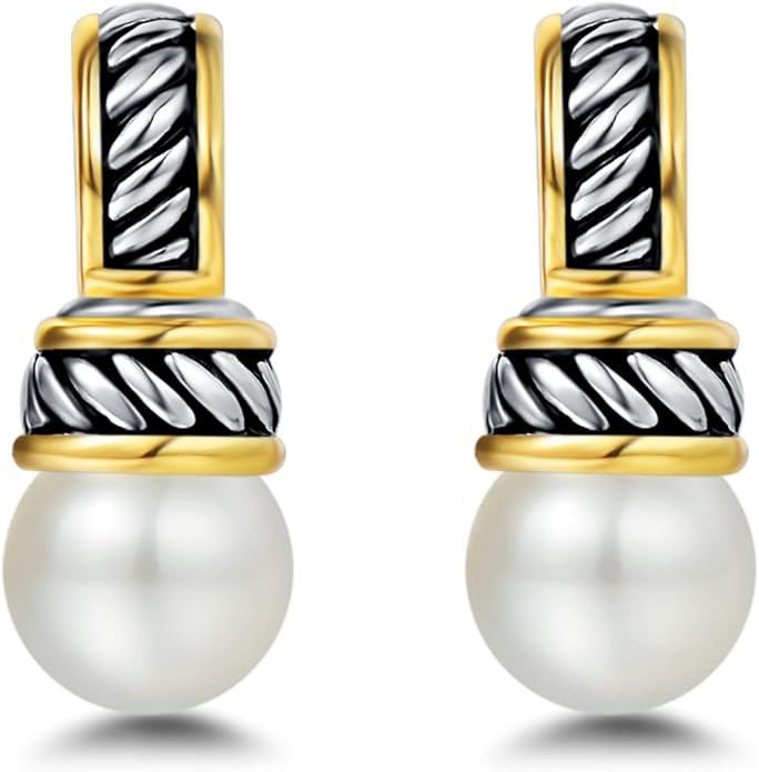 UNY JEWEL Jewelry Two Tone Twisted Wire Cable Imitation Pearl Designer Inspired Women Post Earrin... | Amazon (US)