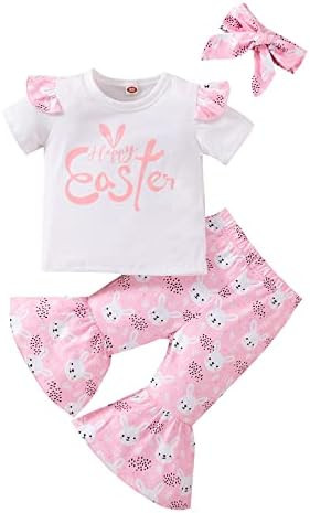 Toddler Baby Girl Easter Outfit Bunny Pattern Ruffle Short Sleeve Top+Bell Bottom Pants+Headband Clo | Amazon (US)