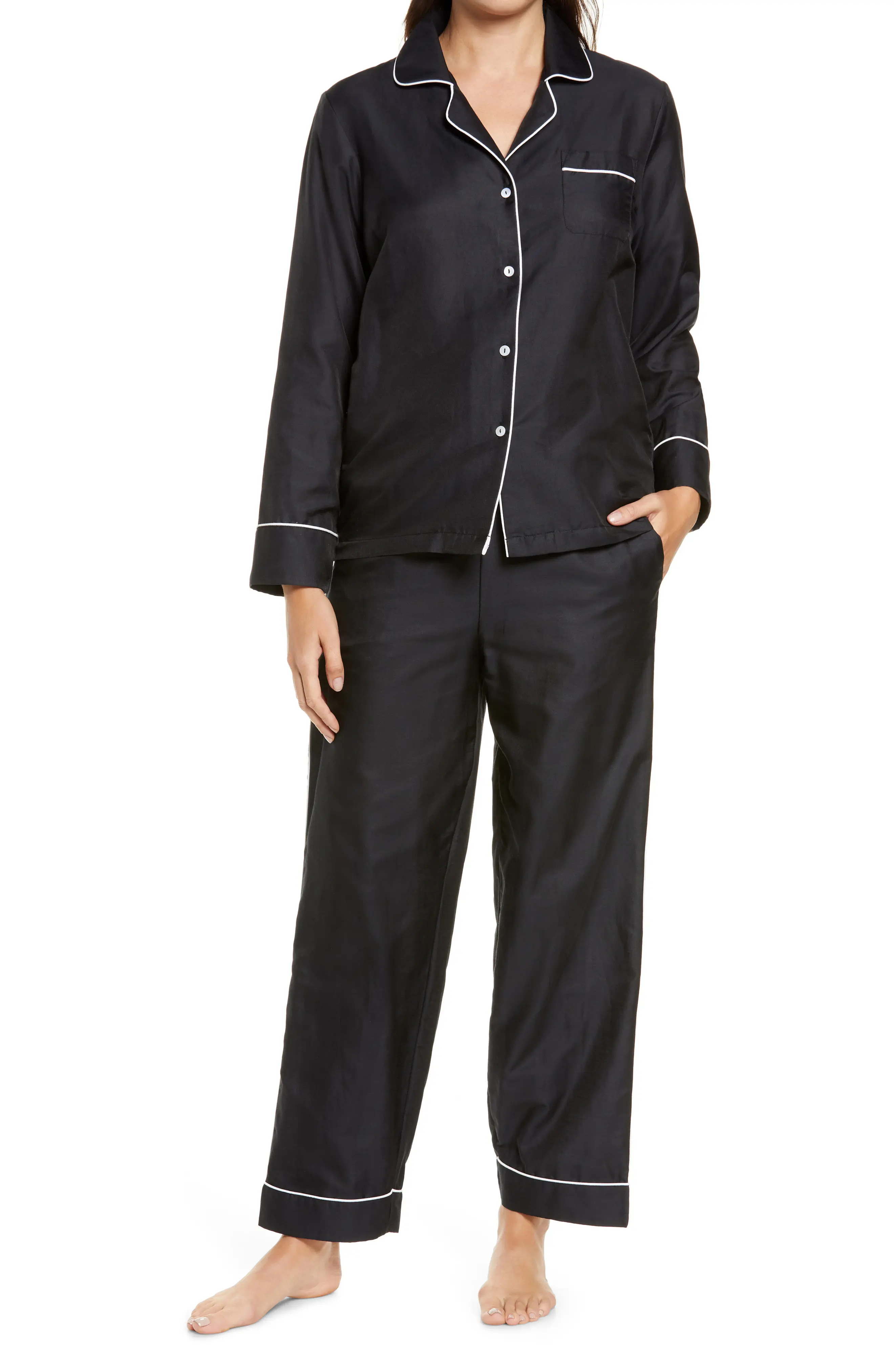 Papinelle Mia Cotton & Silk Pajamas, Size Small in Black/White at Nordstrom | Nordstrom