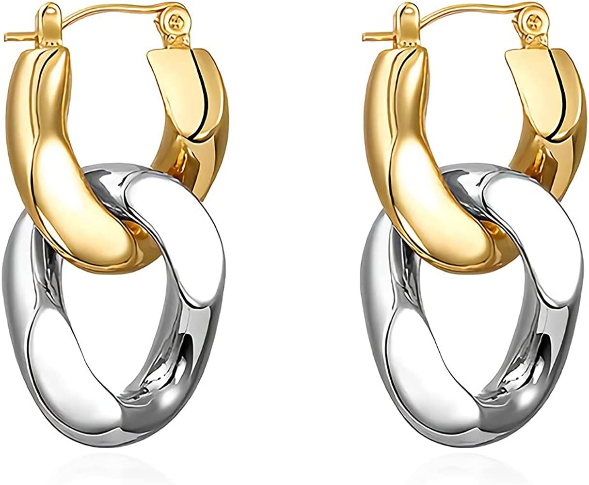 Sloong 14k Gold Plated Chunky Earring Cuban Link Chain Circle Square Hoop Earrings Paperclip Link Ch | Amazon (US)