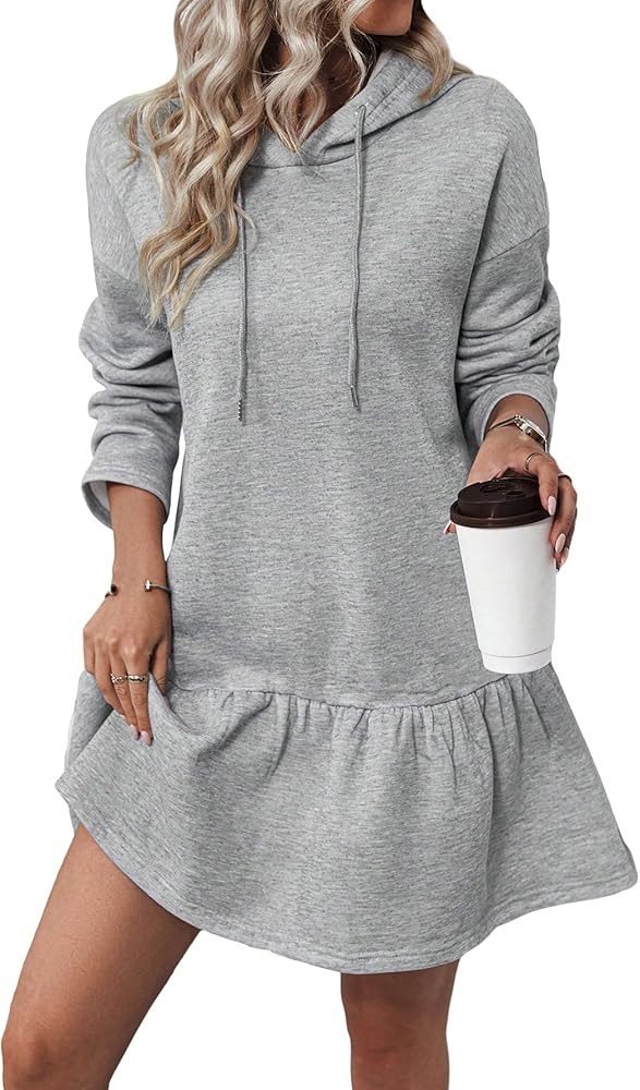 MakeMeChic Women's Casual Long Sleeve Hooded Dress Drop Shoulder Ruffle Hem Drawstring Flared Swe... | Amazon (US)