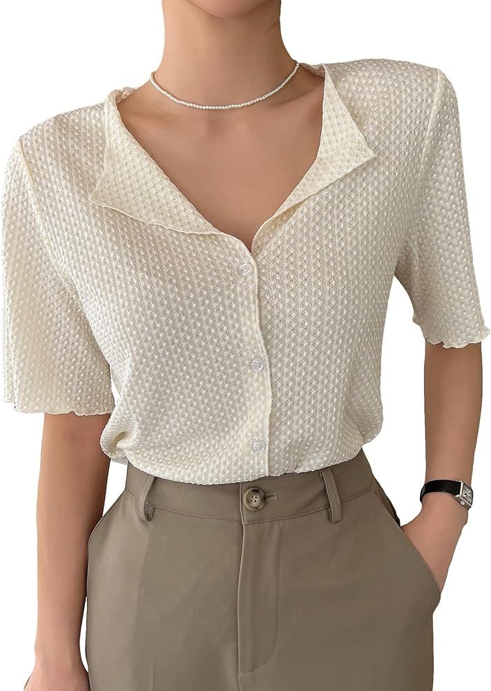 COZYEASE Women's Button Down Blouse Shirt Short Sleeve Collar Shirt Tops Lettuce Trim Tee Shirt T... | Amazon (US)