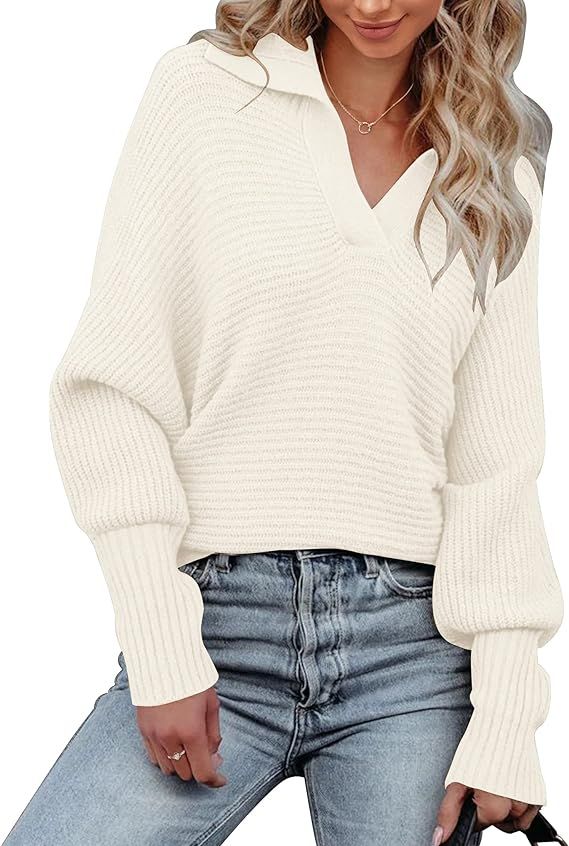 MEROKEETY Women's Batwing Long Sleeve V Neck Pullover Sweaters Foldover Collared Casual Knit Jump... | Amazon (US)