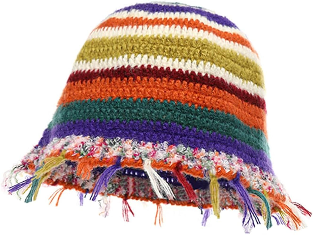 Amazon.com: QOOEQPQY Women Stripes Winter Bucket Hat Handmade Crochet Beanie Cap Knitted Fuzzy Ha... | Amazon (US)