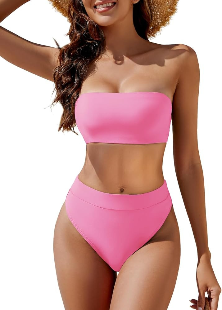 YACUN Women's High Waisted Bikini Swimsuit Two Piece Strapless Bandeau Cheeky Bathing Suits | Amazon (US)