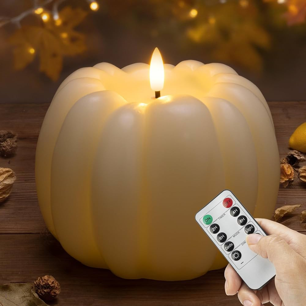 Fall Flameless Candles with Remote, Real Wax Pumpkin Shaped Candle, Flickering Ivory Battery Oper... | Amazon (US)