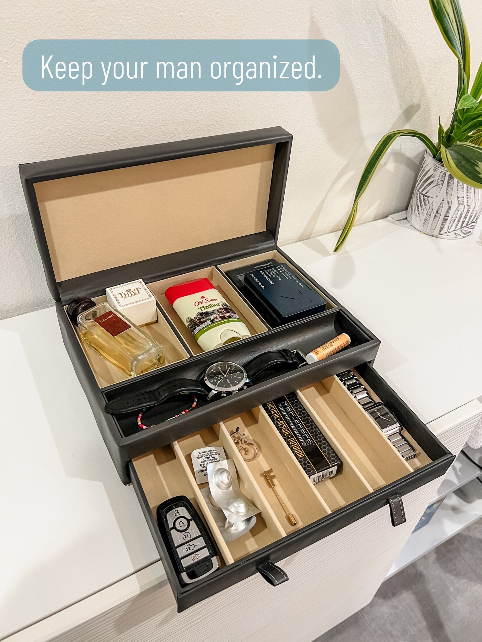 Gave this to my husband for his birthday and it has successfully:
1. Controlled clutter - take up space where stacks of clothing use to sit. 
2. Visually calming - items aren’t on the counter any more! 
3. Speaks to his type A personality 🙃

2026 mission for clean, easy organization that also declutters off to a solid start  

#LTKmomlife #LTKHome #LTKMens