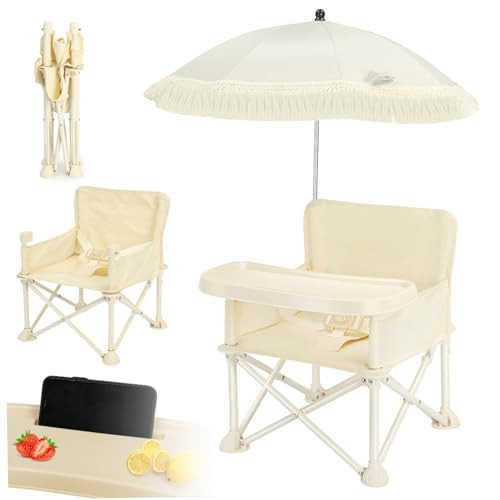 Baby Camping Chair Foldable Baby Beach Chair with Umbrella ＆ Tray Stable Toddler Camping Chair 66lbs Loads Travel High Chair with Safety Belt for Baby 6 Month + Camping, Beach, Lawn | Amazon (US)