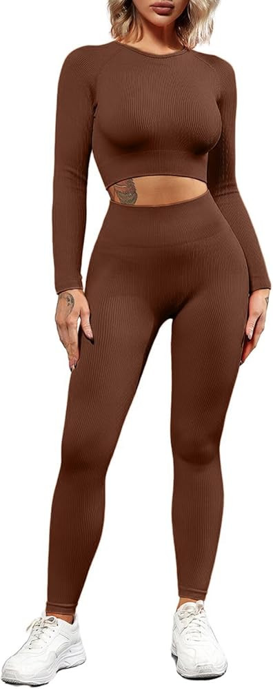 QINSEN Seamless Workout Outfits for Women 2 Piece Ribbed Long Sleeve Crop Top Tummy Control Leggi... | Amazon (US)