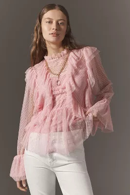 By Anthropologie Long-Sleeve Ruffle Sheer Blouse | Anthropologie (US)