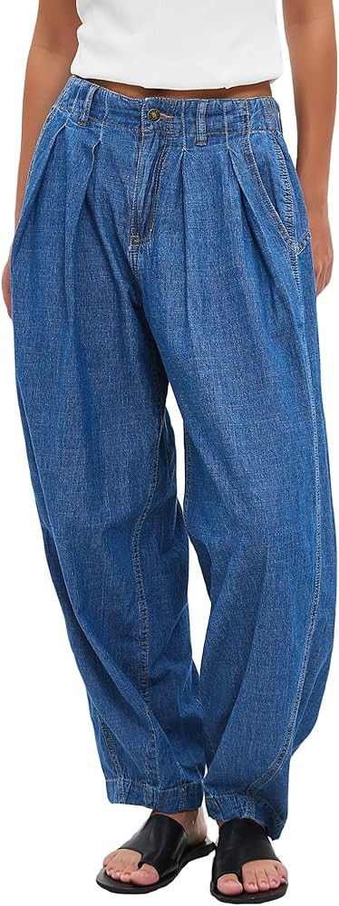 Baggy Jeans for Woman Wide Leg Elastic Waist Pull On Jeans Loose Lightweight Barrel Denim Pants | Amazon (US)