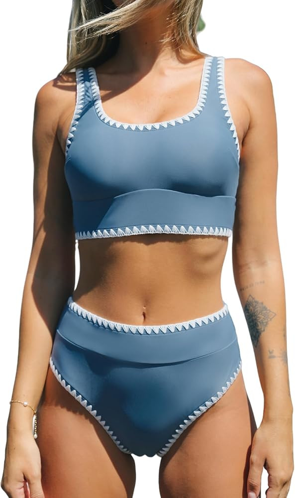 CUPSHE Women's Bikini Sets Two Piece Swimsuit Scoop Neck Tank Wide Straps Midkini Stitching | Amazon (US)