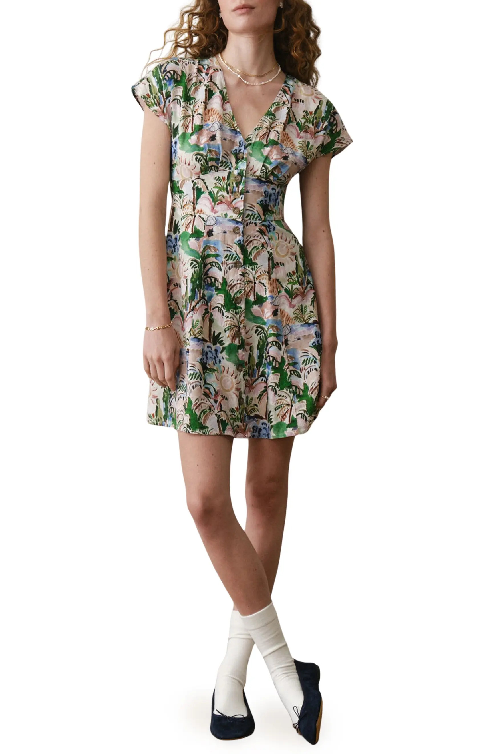 Camila Print Button Front Hemp Blend Minidress | Nordstrom
