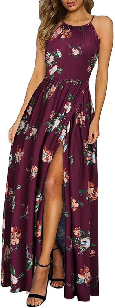 KILIG Women 2024 Summer Maxi Dress Casual Floral Halter Neck Beach Hawaiian Outfits Wedding Guest... | Amazon (US)
