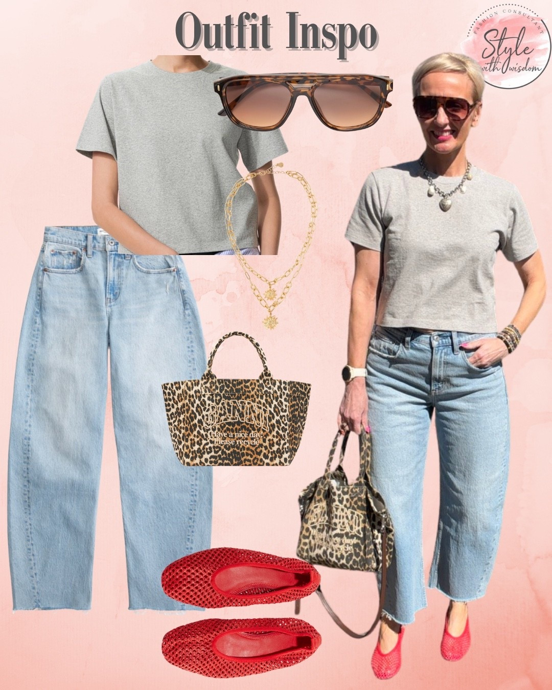 Everyday jeans style! Barrel jeans, simple tee, red ballet flats, mesh shoes, leopard bag 

#LTKjeans #LTKstyletip #LTKpetite