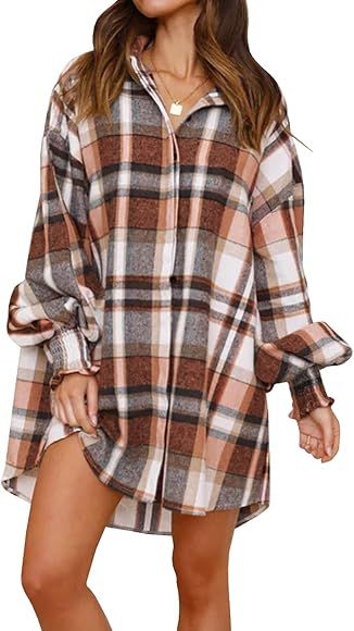 Danedvi Womens Oversized Flannel Plaid Shirts Jacket Ballon Sleeve Button Down Shacket Coats | Amazon (US)