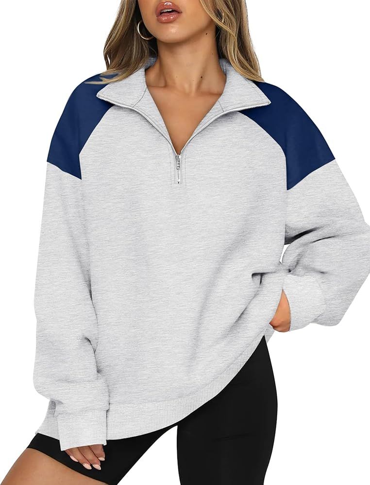 WIHOLL Oversized Quarter Zip Sweatshirts For Women Color Block Pullover Hoodies Sweaters Fall Out... | Amazon (US)