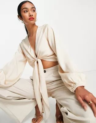 Pretty Lavish tie front satin blouse in cream - part of a set | ASOS | ASOS (Global)