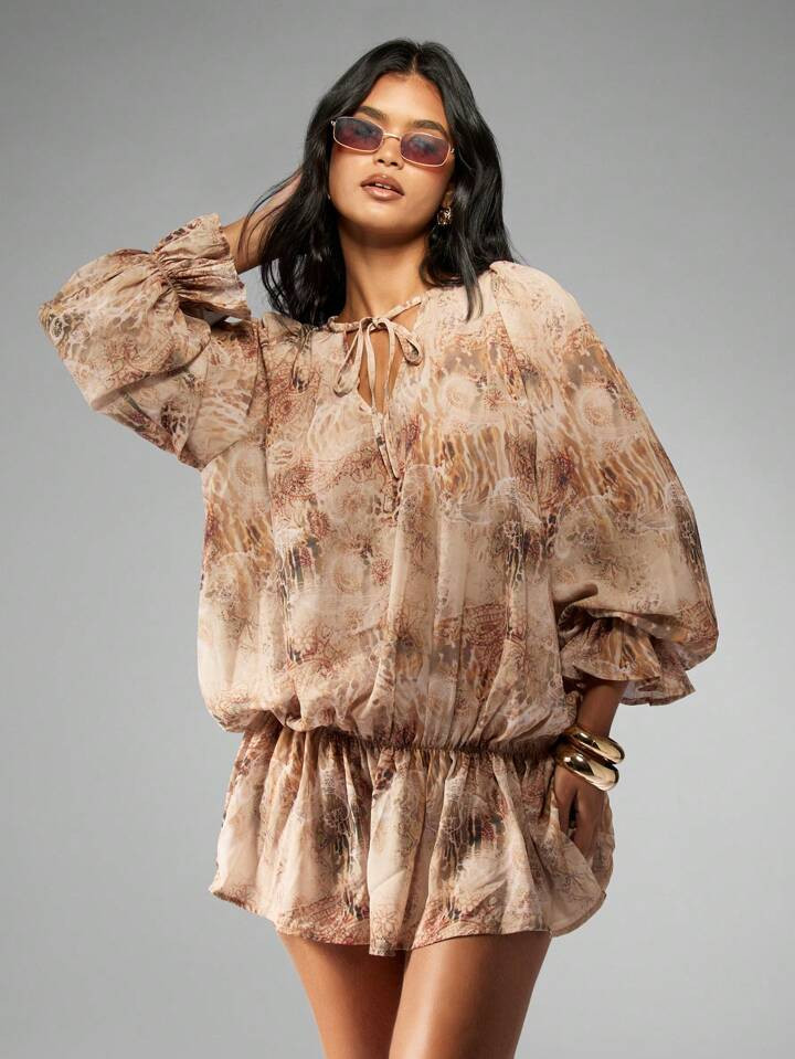 MISSGUIDED Elegant Chiffon Balloon Sleeve Mini Dress Boho Print Ruffle Hem Beach Resort Wear Summ... | SHEIN