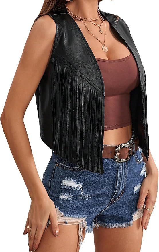 WDIRARA Women's PU Fringe Sleeveless Vest Tassel Faux Leather Open Front 70S Hippie Jacket Cardig... | Amazon (US)
