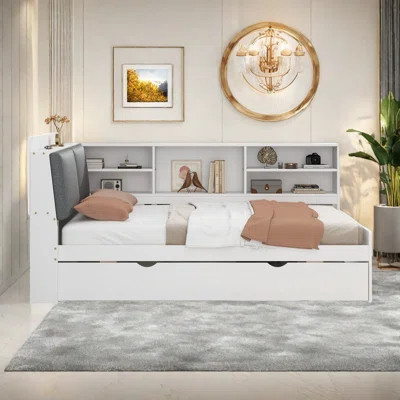 Daybed With Trundle, Storage Shelves, Upholstery Headboard And Rotatable Storage Board | Wayfair North America