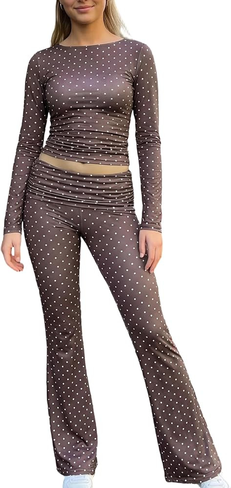 Mxiqqpltky Polka Dot Pants Sets Women 2 Piece Lounge Outfits Y2k Long Sleeve Top and Fold Over Le... | Amazon (US)