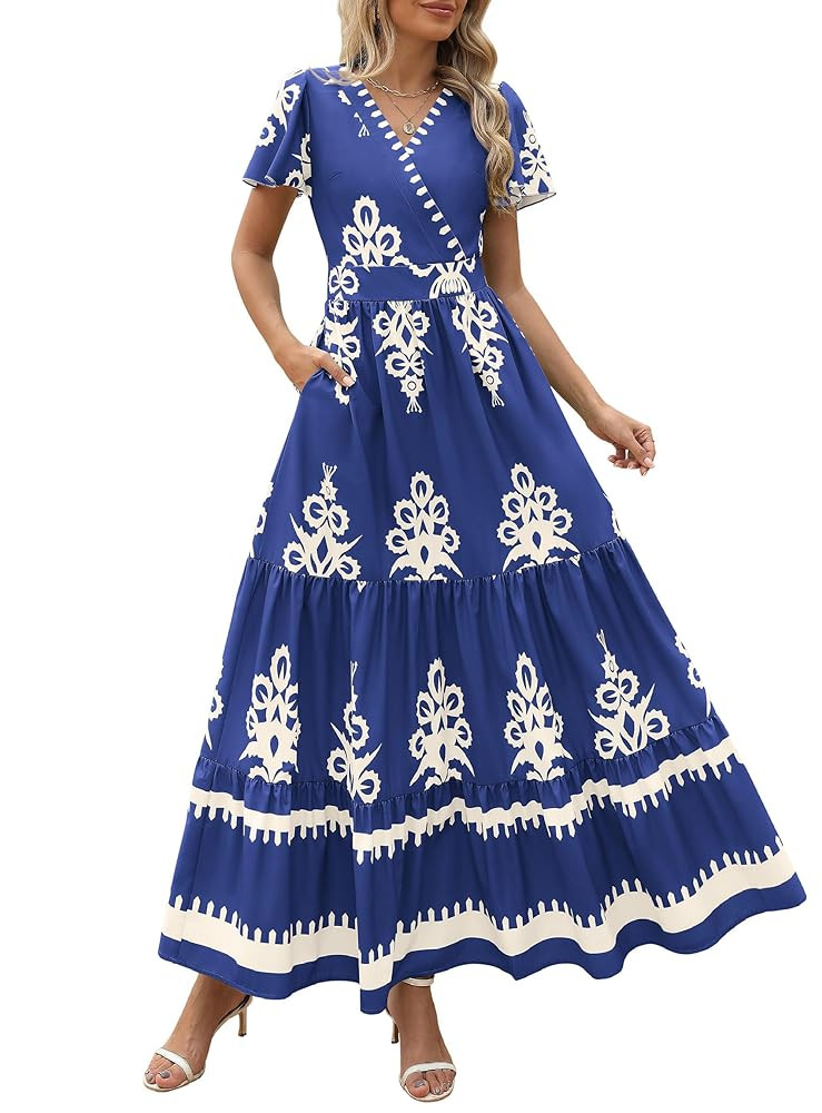 PRETTYGARDEN Womens 2025 Summer Casual V Neck Boho Maxi Dress Flowy Aline Bell Sleeve Tiered Flor... | Amazon (US)