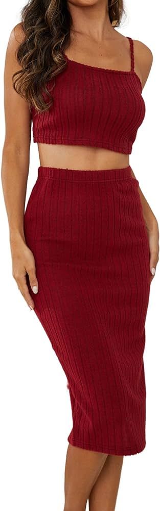 Women 2 Piece Ribbed Knit Midi Skirt With Cami Slit Bodycon Skirt Set Party Night Out Cocktail Su... | Amazon (US)