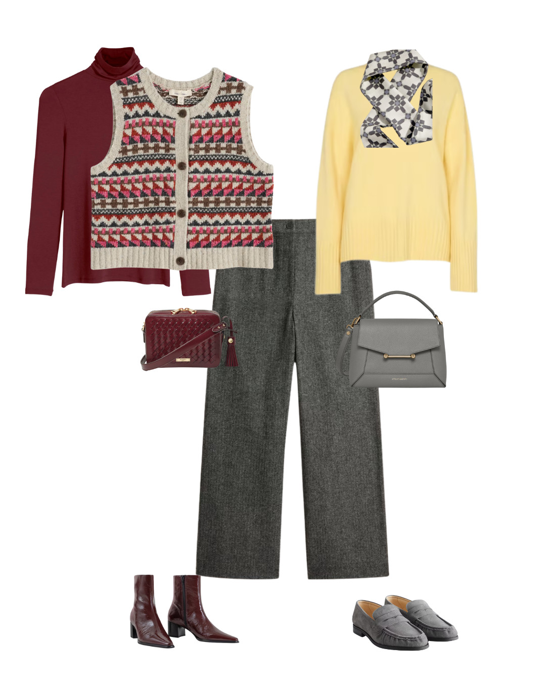 What to wear with grey trousers, mix with burgundy and a fairisle vest top and burgundy boots and bag or for a creative twist, yellow sweater and grey print scarf with grey loafers and bag 

 #LTKautumn #LTKover50style #LTKstyletip