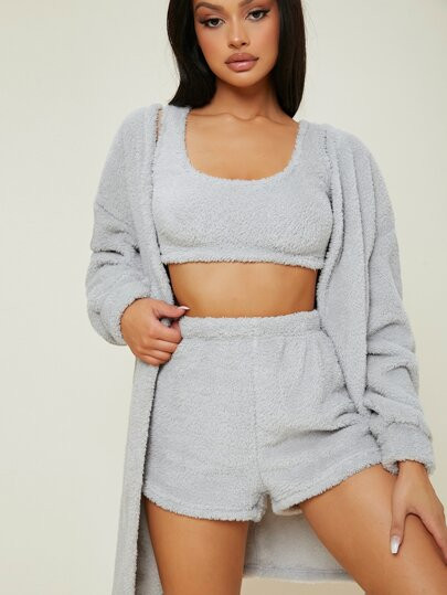 3pcs Solid Drop Shoulder Open Front Flannel Robe Lounge Set | SHEIN
