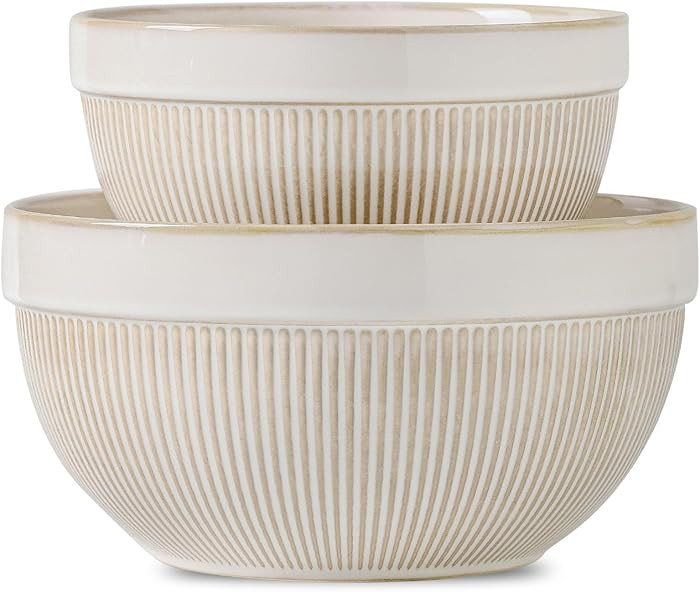Ceramic Large Glazed White Stripe Mixing Bowls for Kitchen, Set of 2 Big Serving Bowls for Cookin... | Amazon (CA)